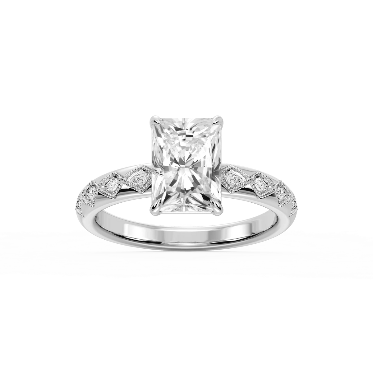 Marian Radiant LGD Accent Milgrain Side Stone Engagement Ring - Platinum