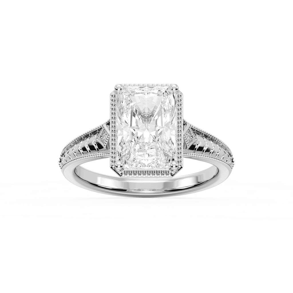 Mariana Radiant LGD Vintage Milgrain Bezel Side Stone Engagement Ring - 14K White Gold / 4 ctw / F-VS2