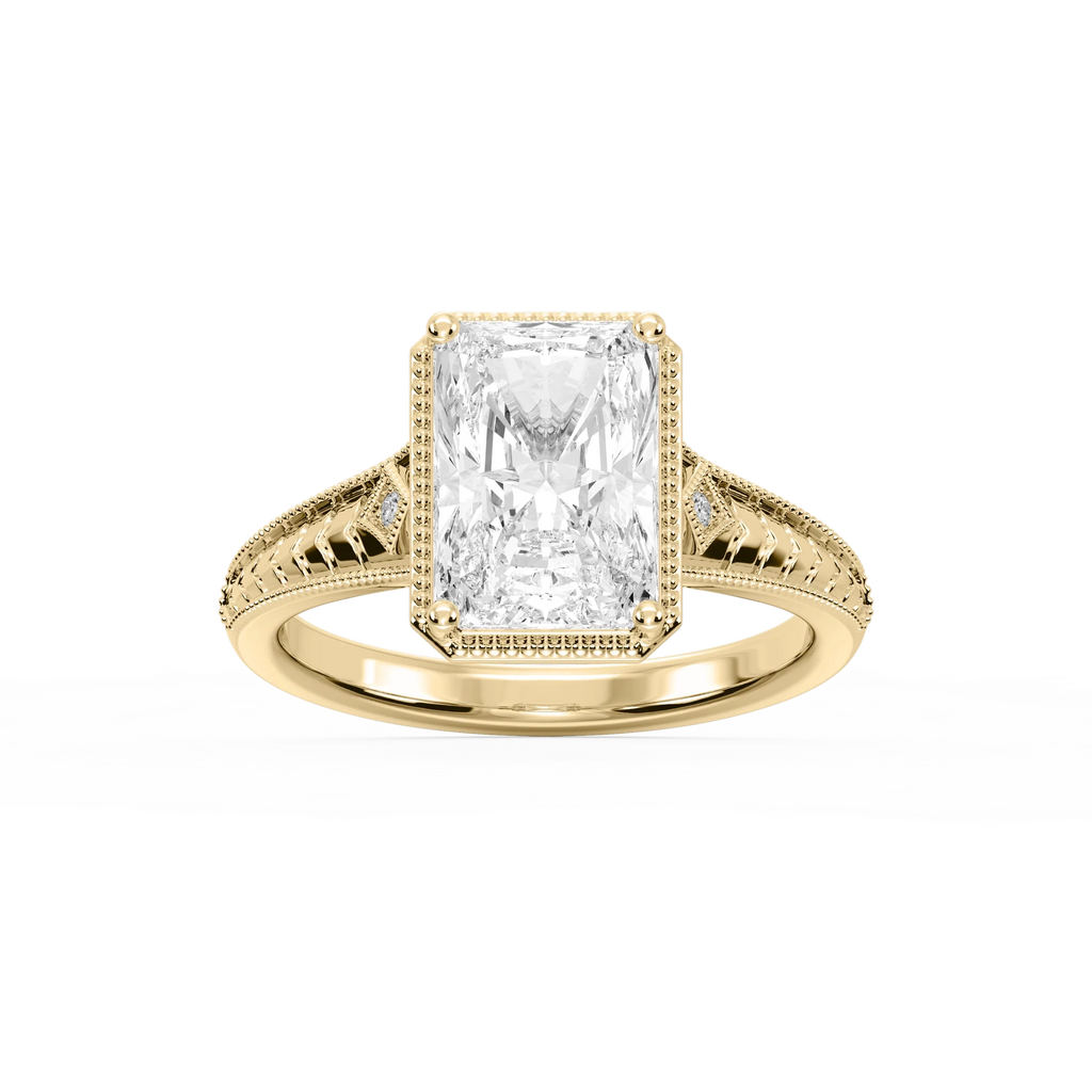 Mariana Radiant LGD Vintage Milgrain Bezel Side Stone Engagement Ring - 14K Yellow Gold / 3 ctw / F-VS2