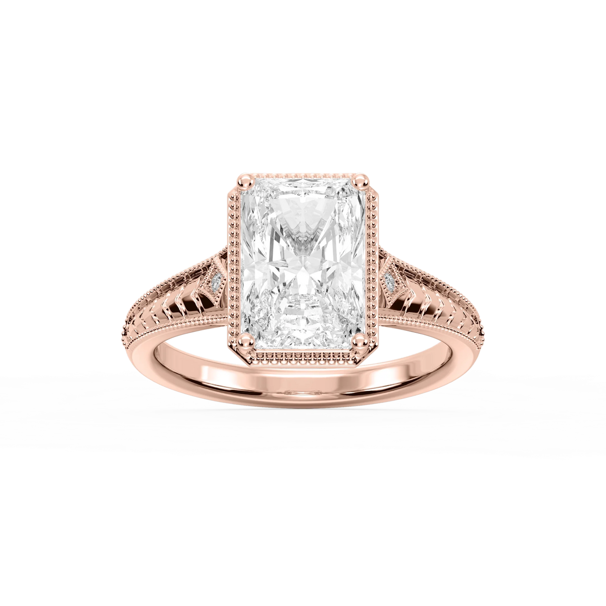Mariana Radiant LGD Vintage Milgrain Bezel Side Stone Engagement Ring - 14K Rose Gold / 5 ctw / F-VS2