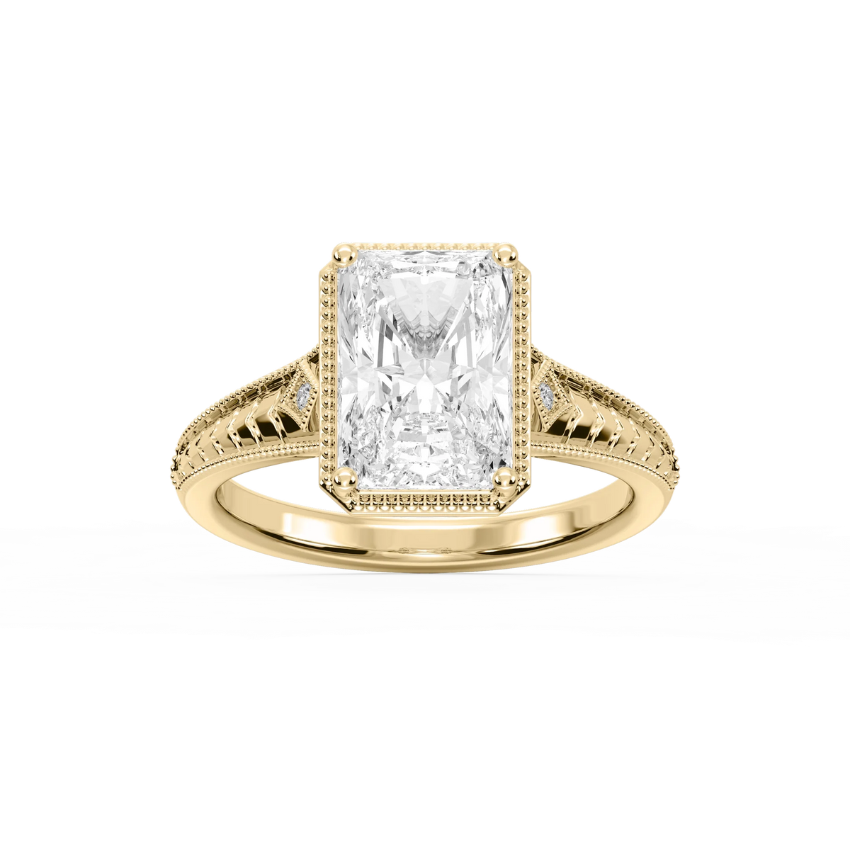 Mariana Radiant LGD Vintage Milgrain Bezel Side Stone Engagement Ring - 18K Yellow Gold / 4 ctw / F-VS2