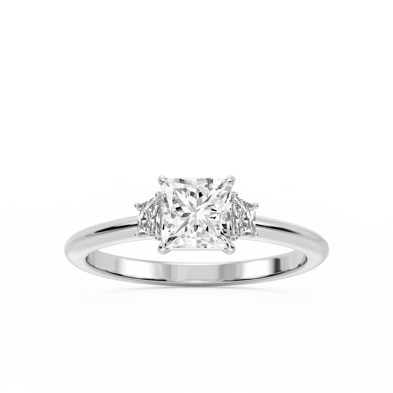 Marley Princess LGD Trapezoid Sides Claw Prong Three Stone Engagement Ring - 14K White Gold / 1 ct