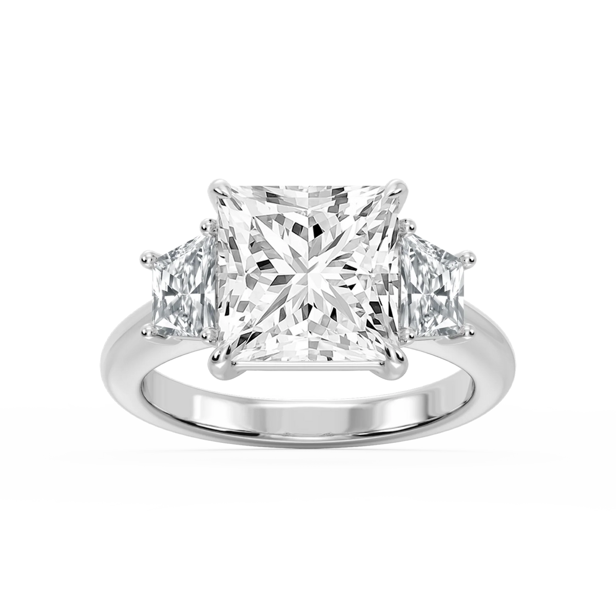 Marley Princess LGD Trapezoid Sides Claw Prong Three Stone Engagement Ring - 14K White Gold / 6 ct