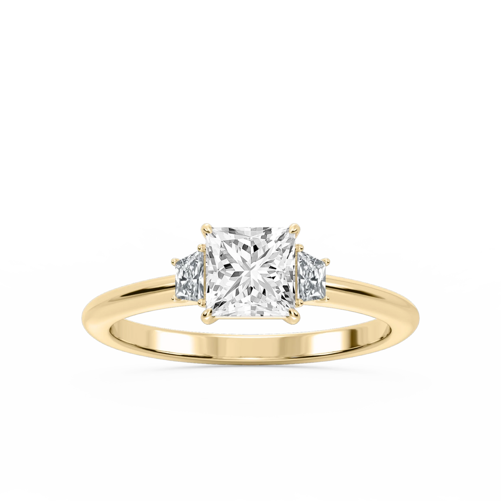 Marley Princess LGD Trapezoid Sides Claw Prong Three Stone Engagement Ring - 14K Yellow Gold / 2 ct