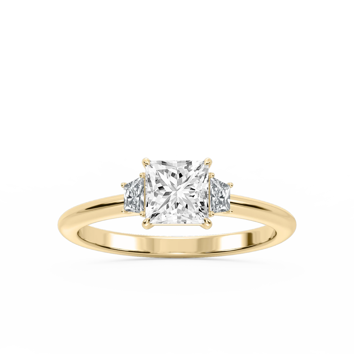 Marley Princess LGD Trapezoid Sides Claw Prong Three Stone Engagement Ring - 14K Yellow Gold / 2 ct