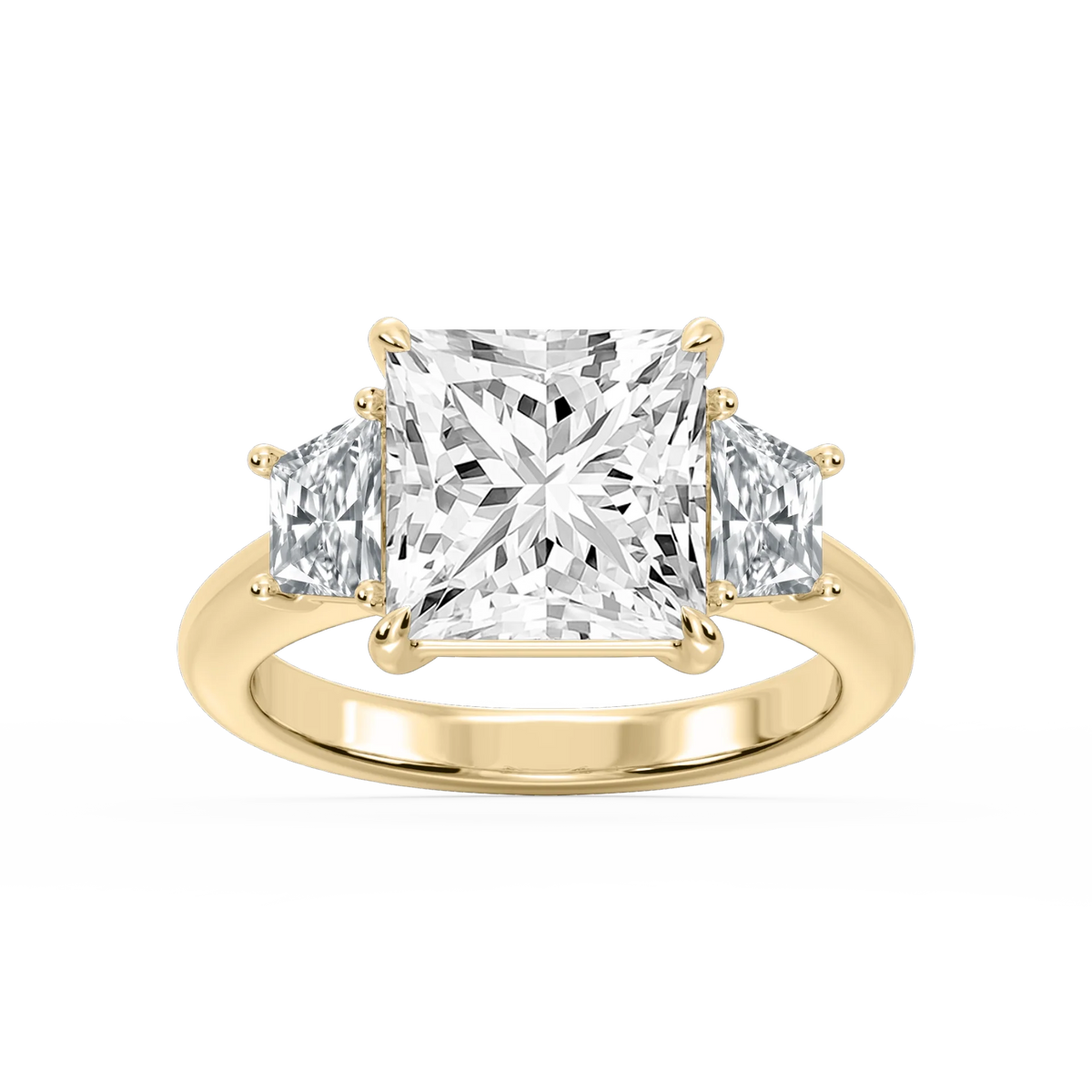 Marley Princess LGD Trapezoid Sides Claw Prong Three Stone Engagement Ring - 14K Yellow Gold / 5 ct
