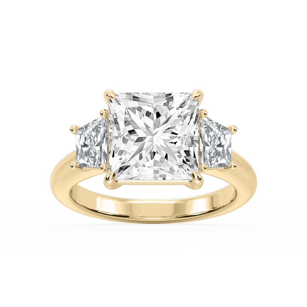 Marley Princess LGD Trapezoid Sides Claw Prong Three Stone Engagement Ring - 14K Yellow Gold / 6 ct