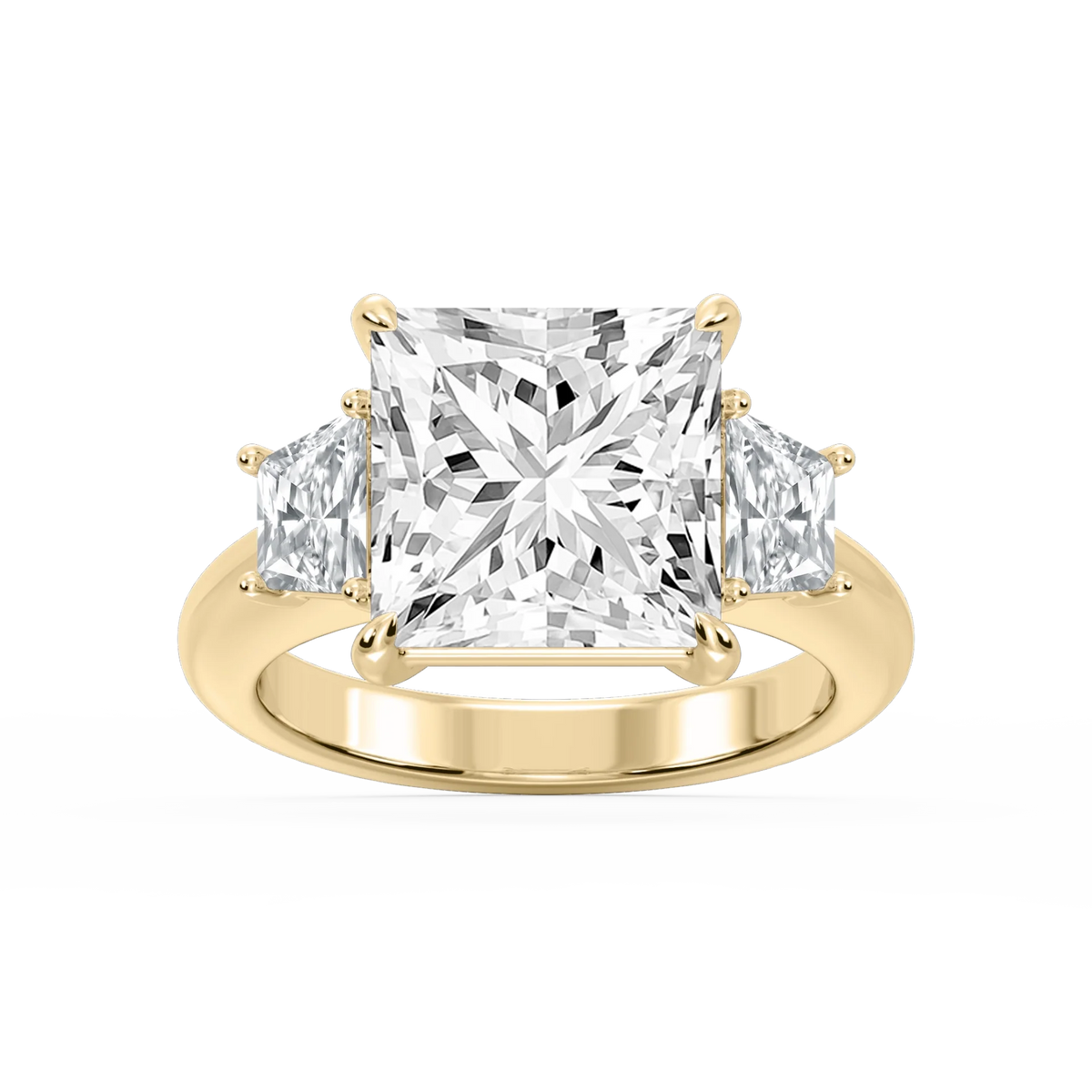 Marley Princess LGD Trapezoid Sides Claw Prong Three Stone Engagement Ring - 14K Yellow Gold / 7 ct
