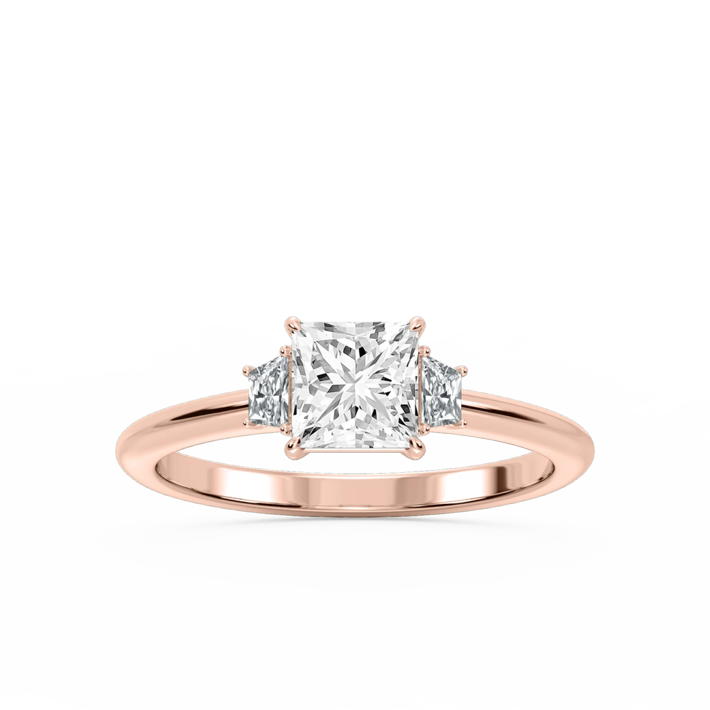 Marley Princess LGD Trapezoid Sides Claw Prong Three Stone Engagement Ring - 14K Rose Gold / 2 ct