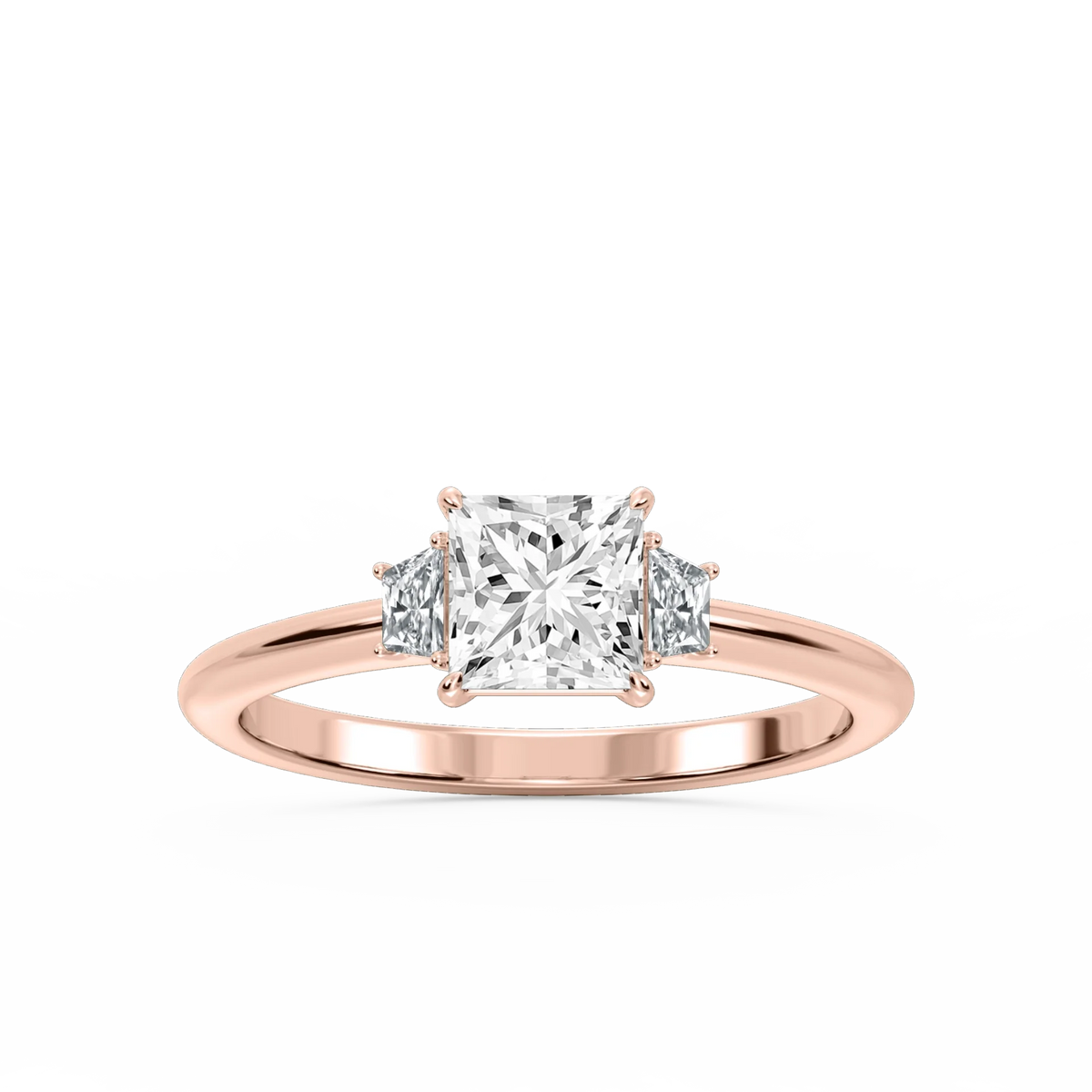 Marley Princess LGD Trapezoid Sides Claw Prong Three Stone Engagement Ring - 14K Rose Gold / 2 ct