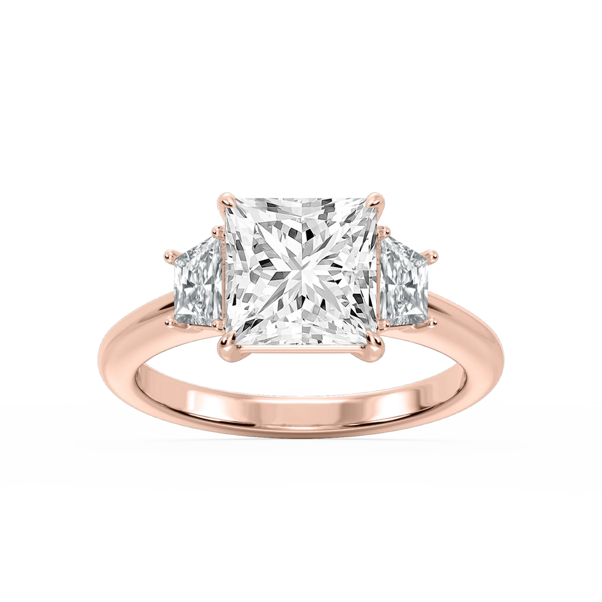 Marley Princess LGD Trapezoid Sides Claw Prong Three Stone Engagement Ring - 14K Rose Gold / 3 ct