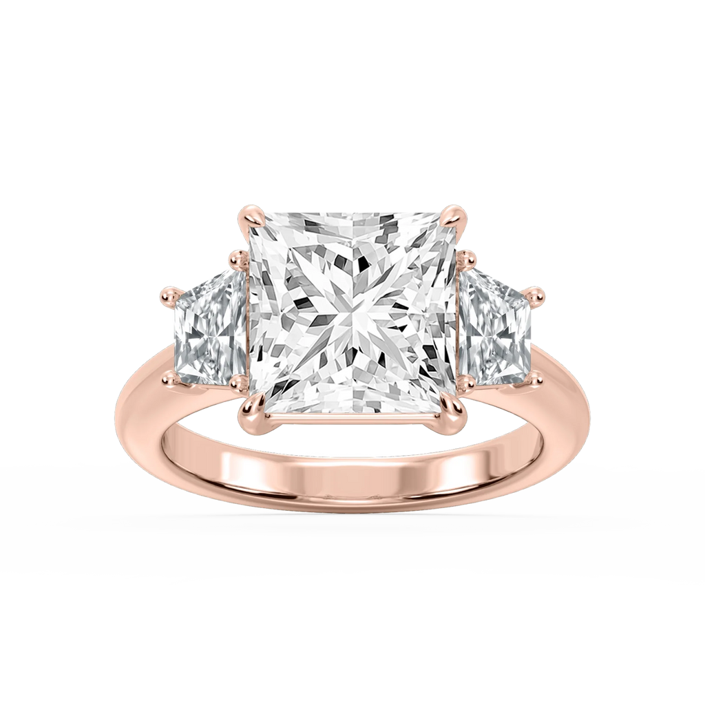 Marley Princess LGD Trapezoid Sides Claw Prong Three Stone Engagement Ring - 14K Rose Gold / 5 ct