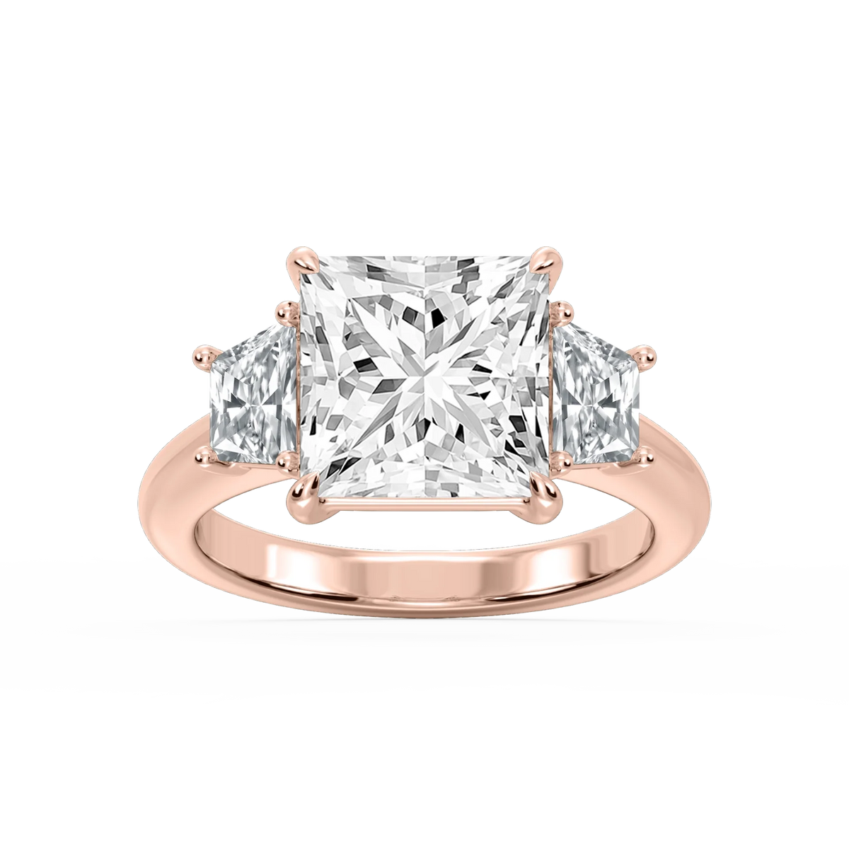 Marley Princess LGD Trapezoid Sides Claw Prong Three Stone Engagement Ring - 14K Rose Gold / 5 ct