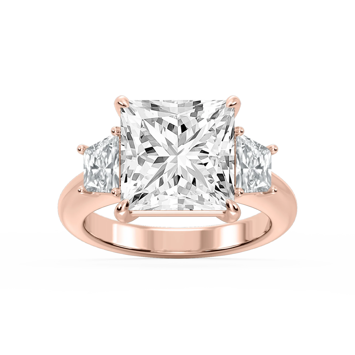 Marley Princess LGD Trapezoid Sides Claw Prong Three Stone Engagement Ring - 14K Rose Gold / 7 ct
