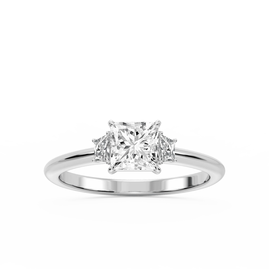 Marley Princess LGD Trapezoid Sides Claw Prong Three Stone Engagement Ring - 18K White Gold / 2 ct