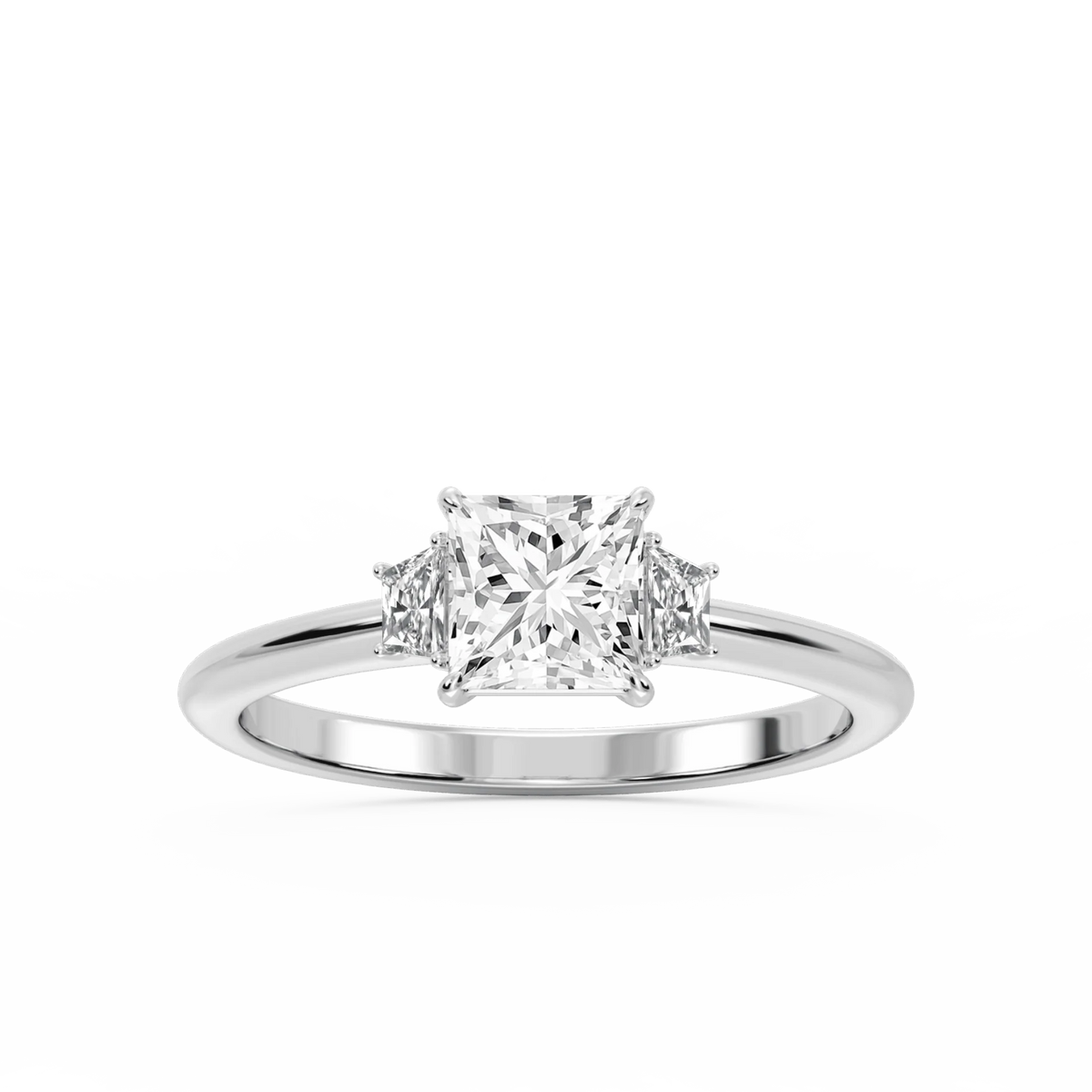 Marley Princess LGD Trapezoid Sides Claw Prong Three Stone Engagement Ring - 18K White Gold / 2 ct