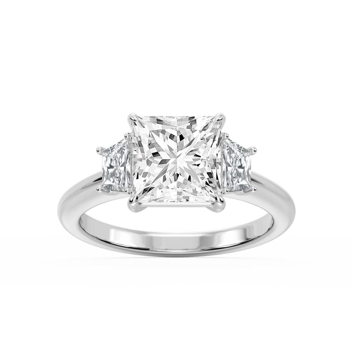 Marley Princess LGD Trapezoid Sides Claw Prong Three Stone Engagement Ring - 18K White Gold / 4 ct