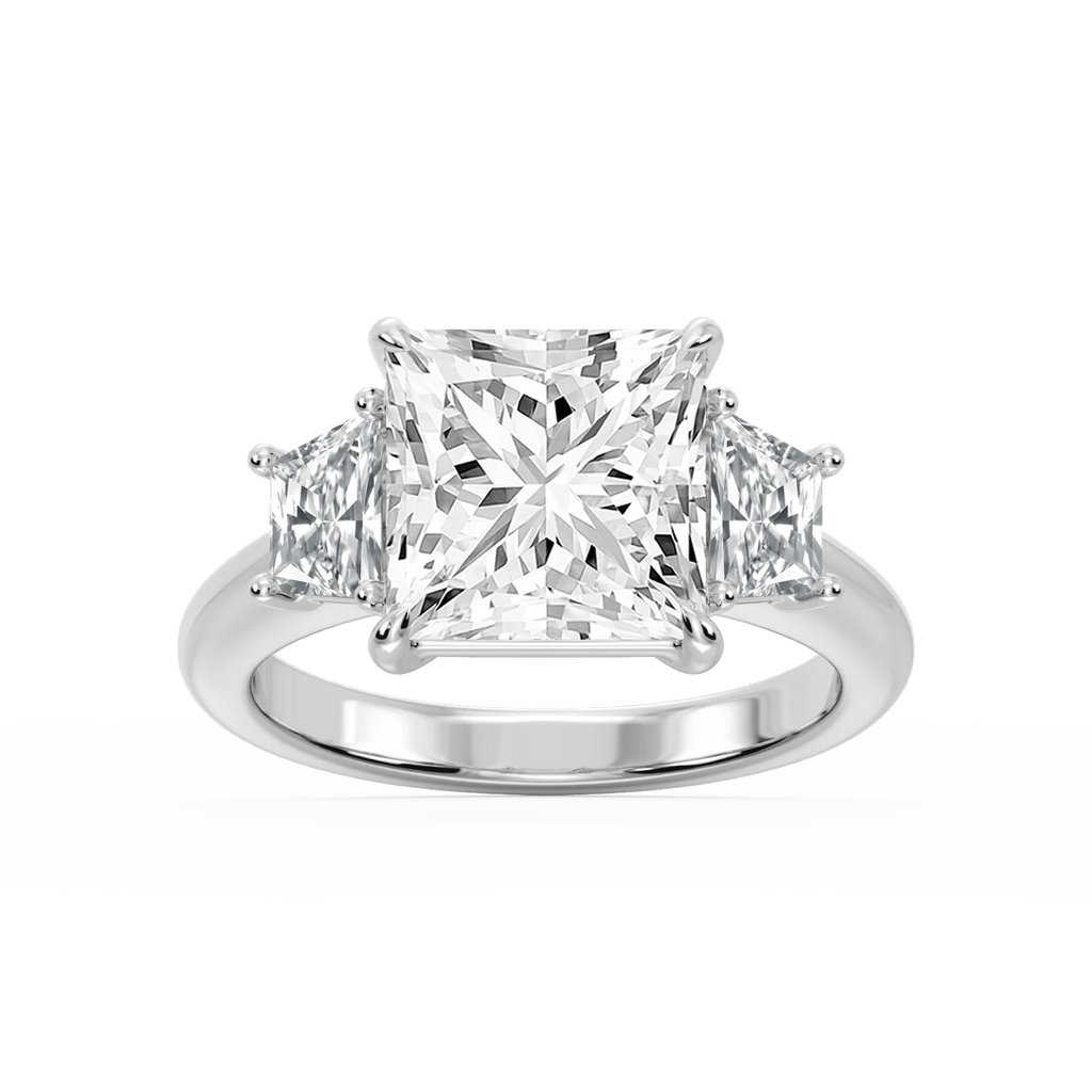 Marley Princess LGD Trapezoid Sides Claw Prong Three Stone Engagement Ring - 18K White Gold / 5 ct