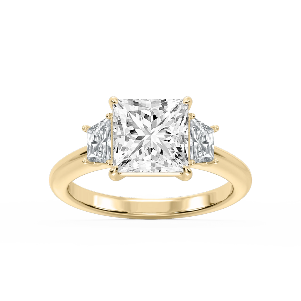 Marley Princess LGD Trapezoid Sides Claw Prong Three Stone Engagement Ring - 18K Yellow Gold / 4 ct