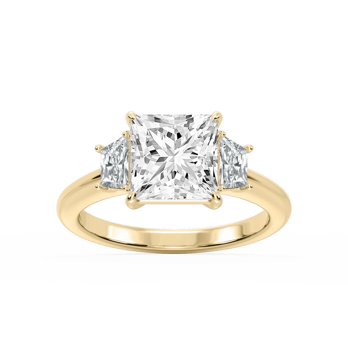 Marley Princess LGD Trapezoid Sides Claw Prong Three Stone Engagement Ring - 18K Yellow Gold / 4 ct