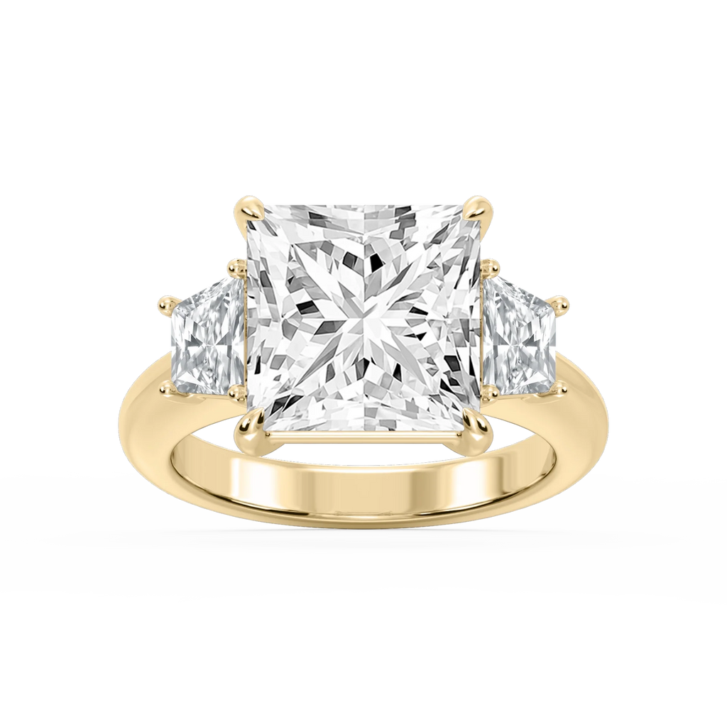 Marley Princess LGD Trapezoid Sides Claw Prong Three Stone Engagement Ring - 18K Yellow Gold / 7 ct