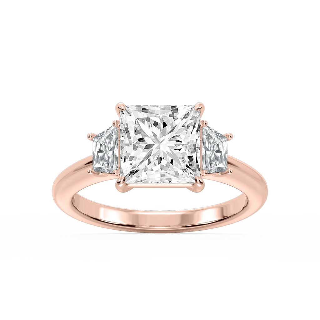 Marley Princess LGD Trapezoid Sides Claw Prong Three Stone Engagement Ring - 18K Rose Gold / 3 ct