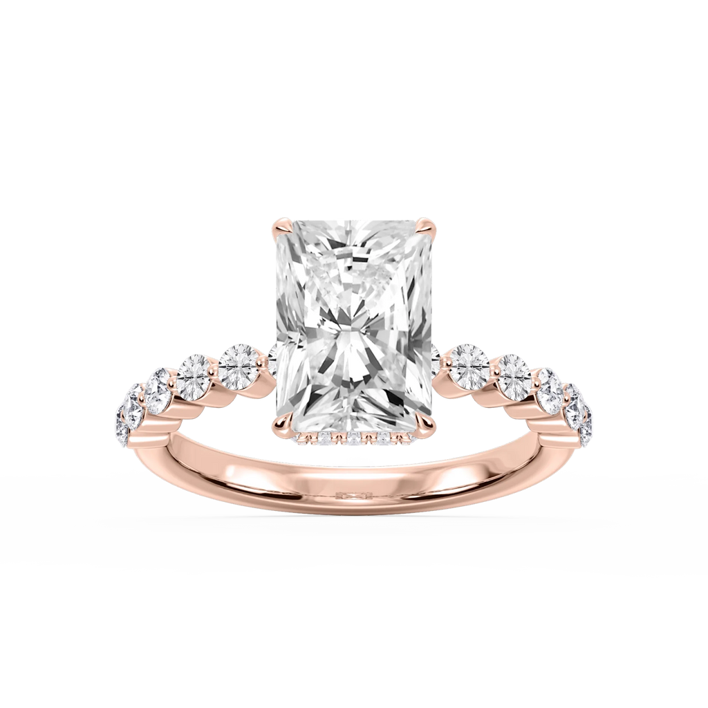 Melody Radiant LGD Single Shared Prong Collar Hidden Halo Engagement Ring - 14K Rose Gold / 3 ct / F-VS2