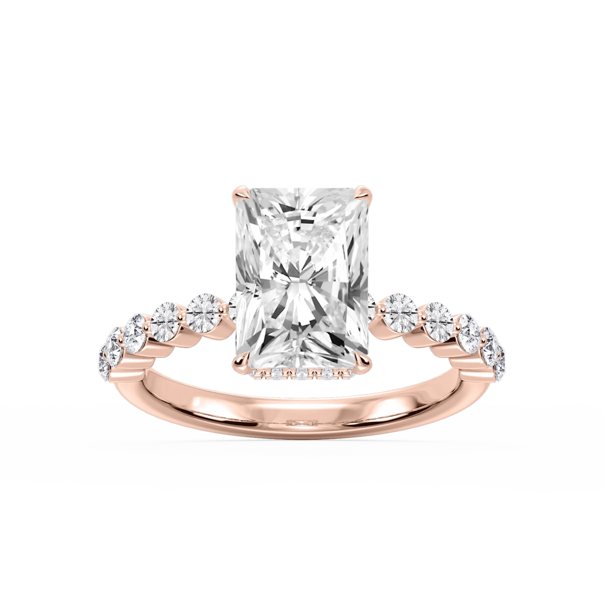 Melody Radiant LGD Single Shared Prong Collar Hidden Halo Engagement Ring - 14K Rose Gold / 3 ct / F-VS2