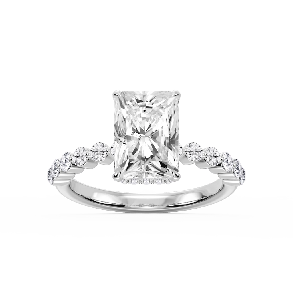 Melody Radiant LGD Single Shared Prong Collar Hidden Halo Engagement Ring - 18K White Gold / 4 ct / F-VS2
