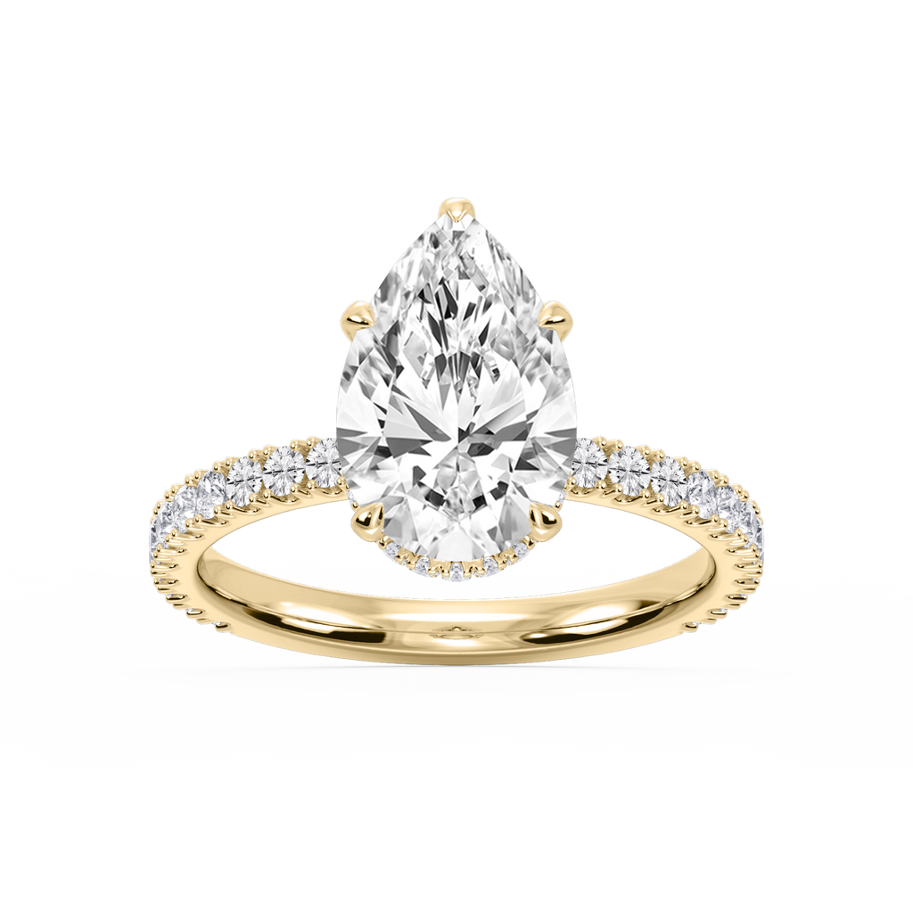 Michelle Pear LGD Pave Collar Claw Prong Side Stone Engagement Ring - 14K Yellow Gold / 2 ½ ctw
