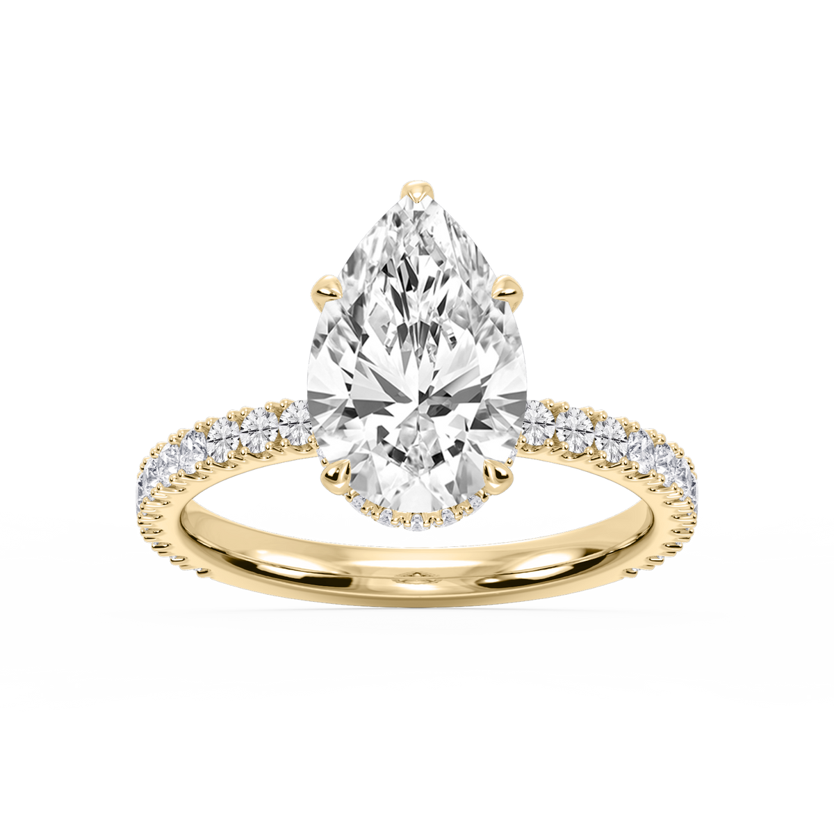 Michelle Pear LGD Pave Collar Claw Prong Side Stone Engagement Ring - 14K Yellow Gold / 2 ½ ctw