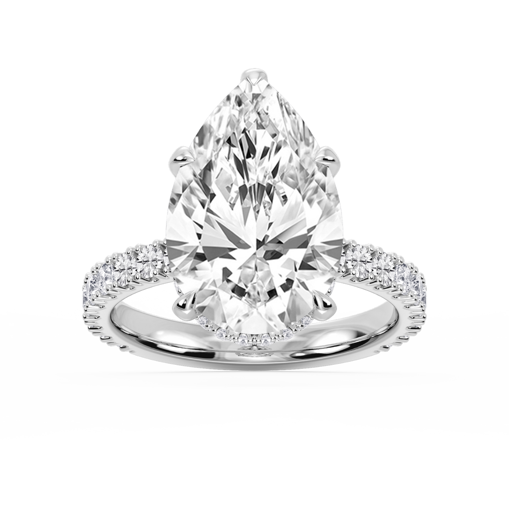 Michelle Pear LGD Pave Collar Claw Prong Side Stone Engagement Ring - 14K White Gold / 8 ctw