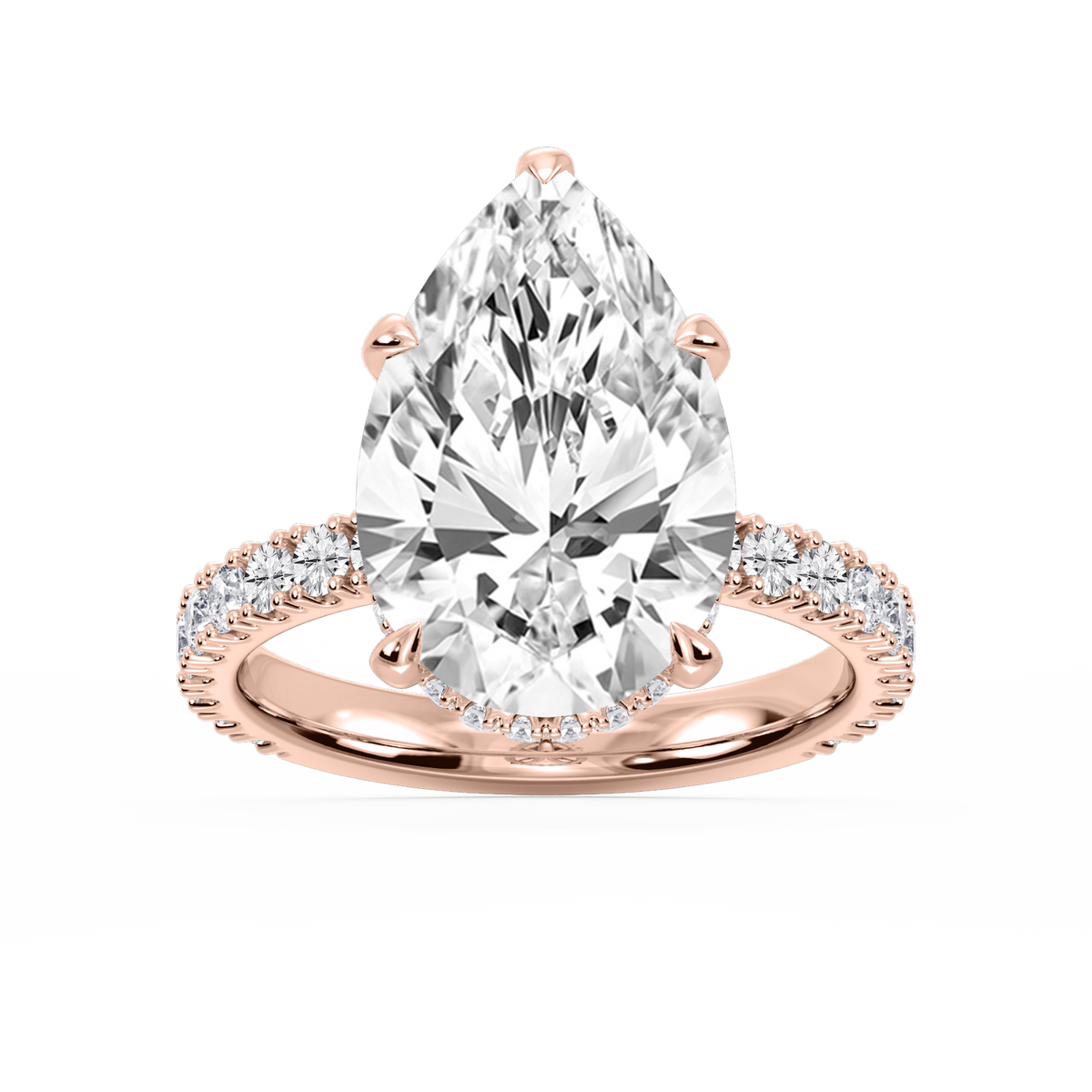 Michelle Pear LGD Pave Collar Claw Prong Side Stone Engagement Ring - 14K Rose Gold / 8 ctw