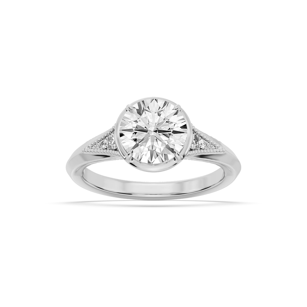 Mira Round LGD Vintage Bezel and Milgrain Accent Side Stone Engagement Ring - 14K White Gold / 3 ctw