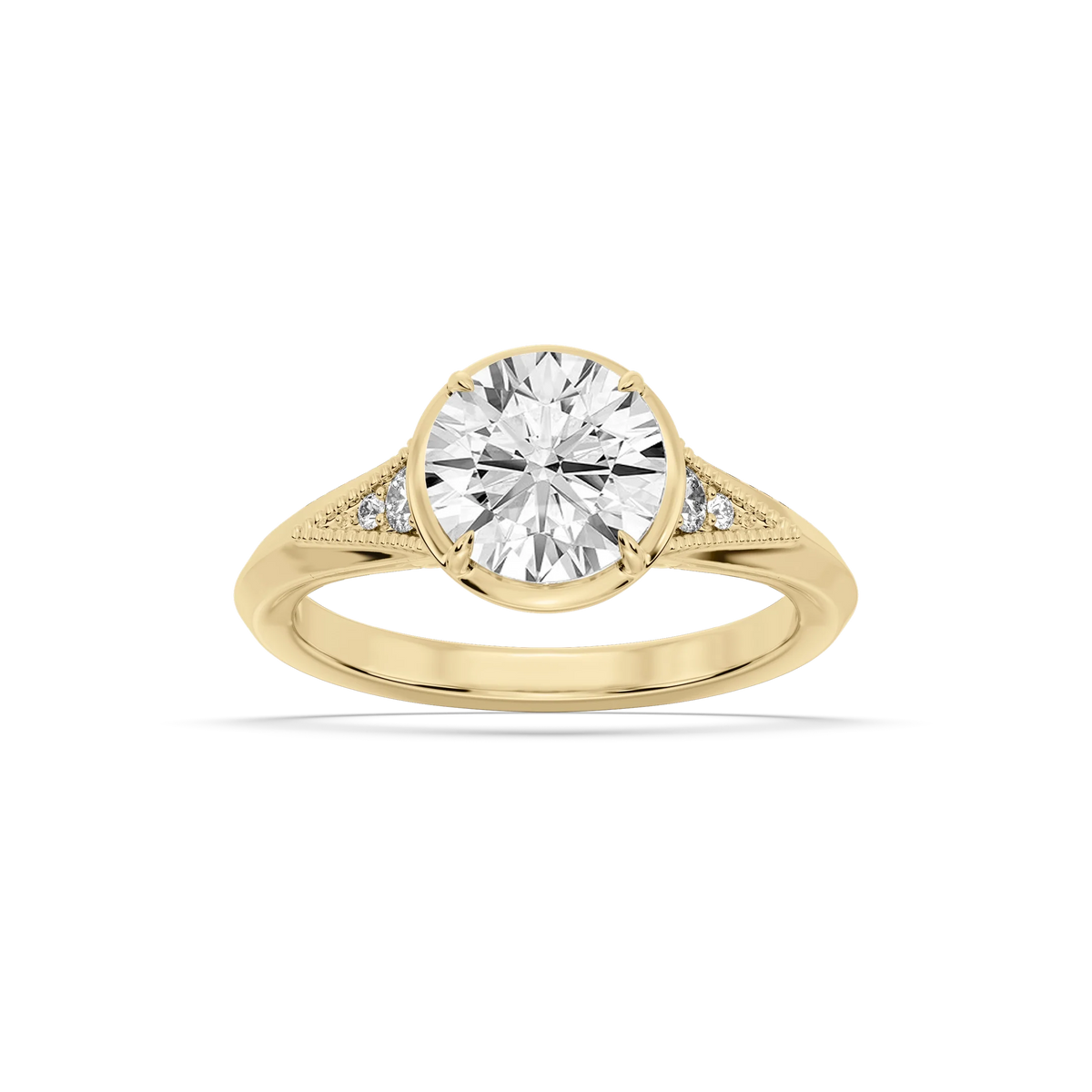 Mira Round LGD Vintage Bezel and Milgrain Accent Side Stone Engagement Ring - 14K Yellow Gold / 5 ctw