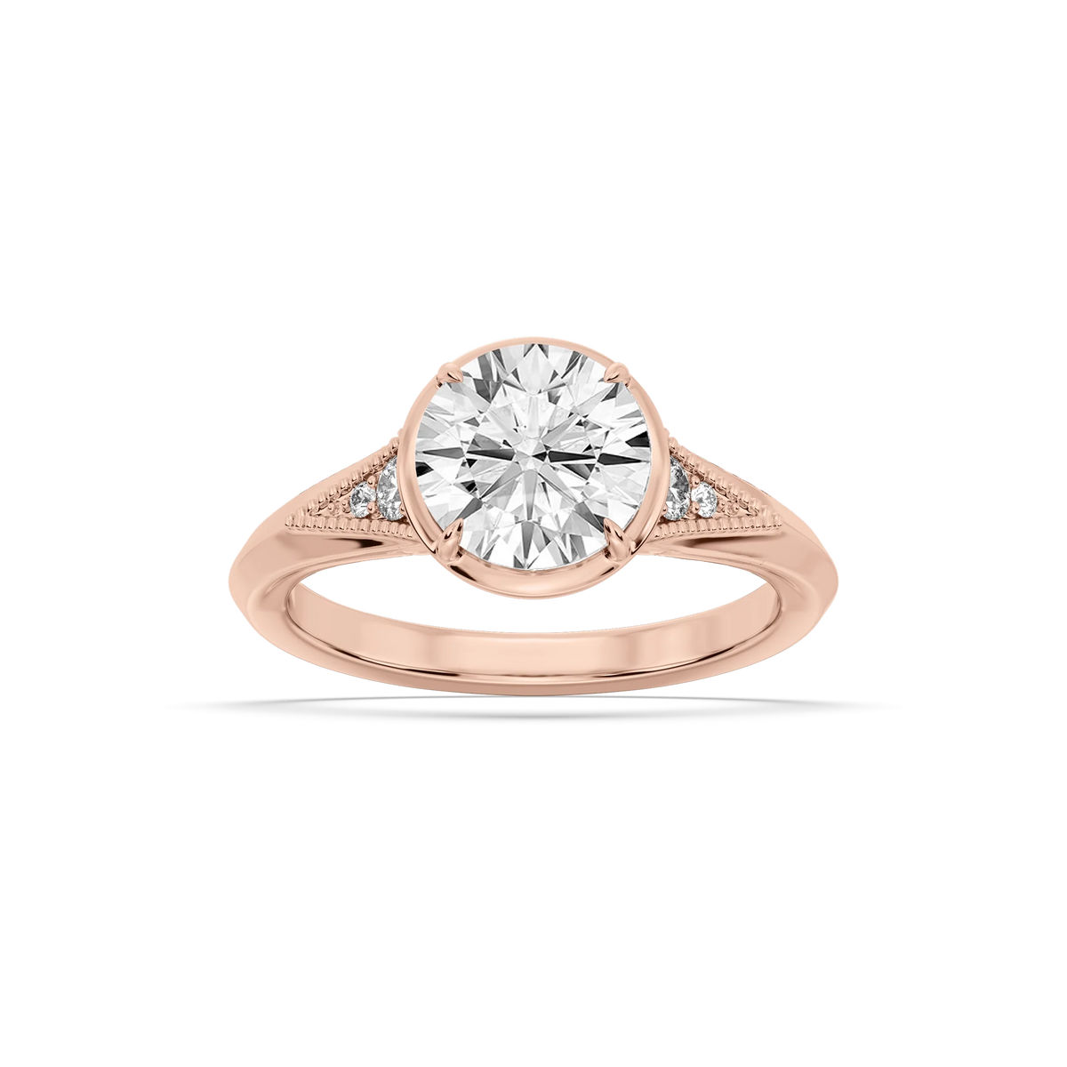 Mira Round LGD Vintage Bezel and Milgrain Accent Side Stone Engagement Ring - 14K Rose Gold / 4 ctw