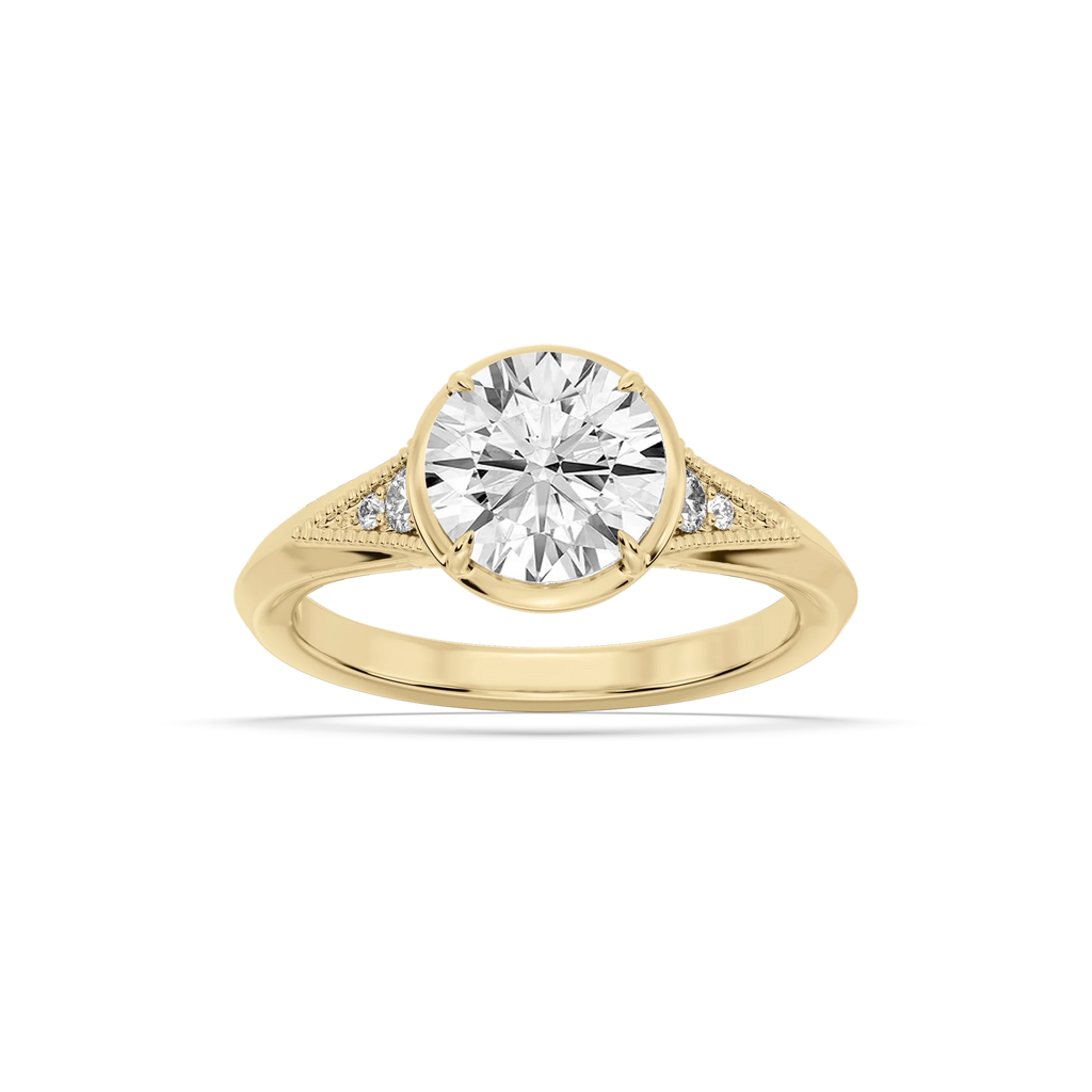 Mira Round LGD Vintage Bezel and Milgrain Accent Side Stone Engagement Ring - 18K Yellow Gold / 4 ctw