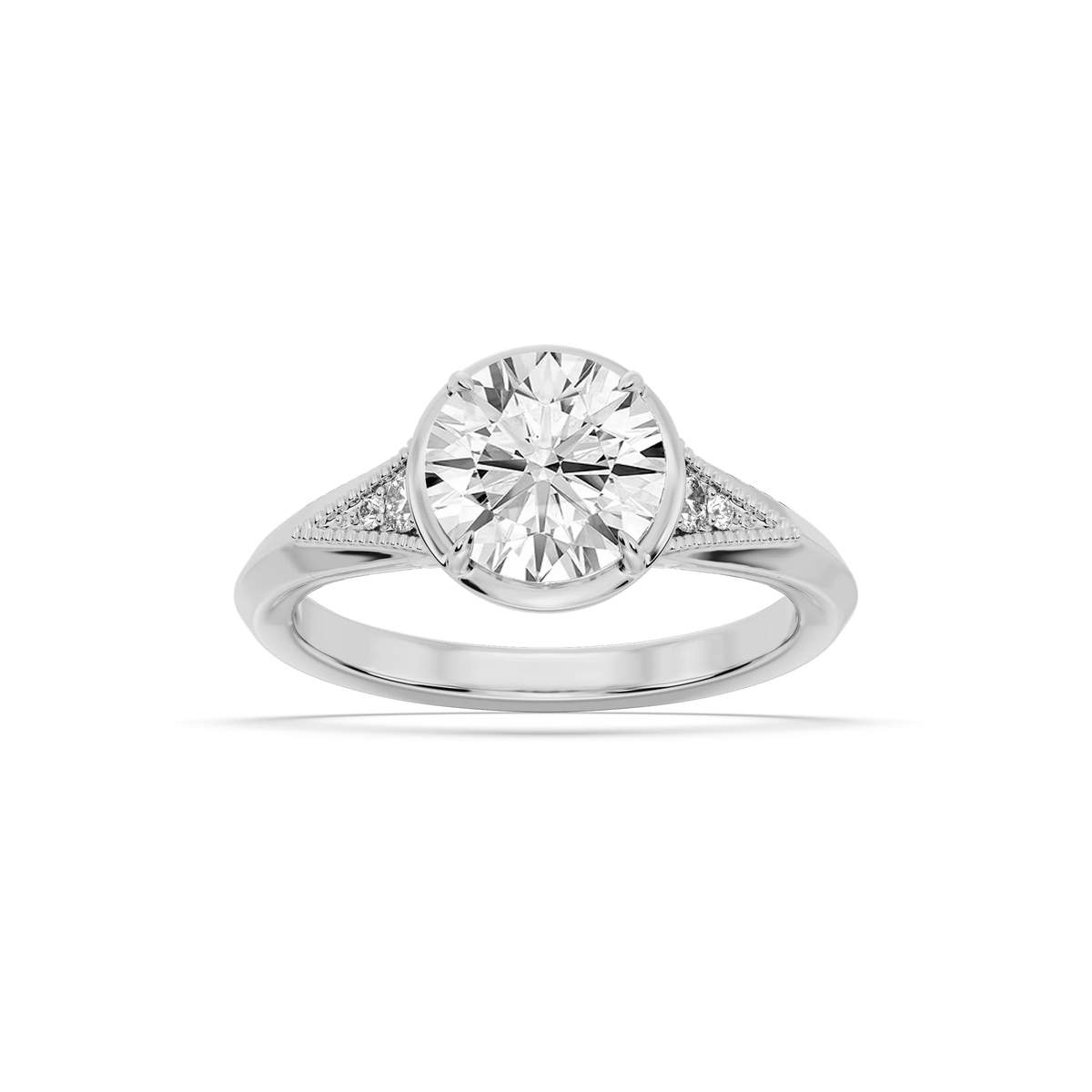 Mira Round LGD Vintage Bezel and Milgrain Accent Side Stone Engagement Ring - Platinum / 5 ctw