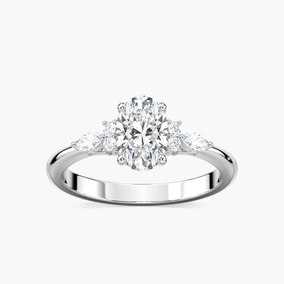 Clio Oval LGD Nature Inspired Side Stone Engagement Ring - 18K White Gold