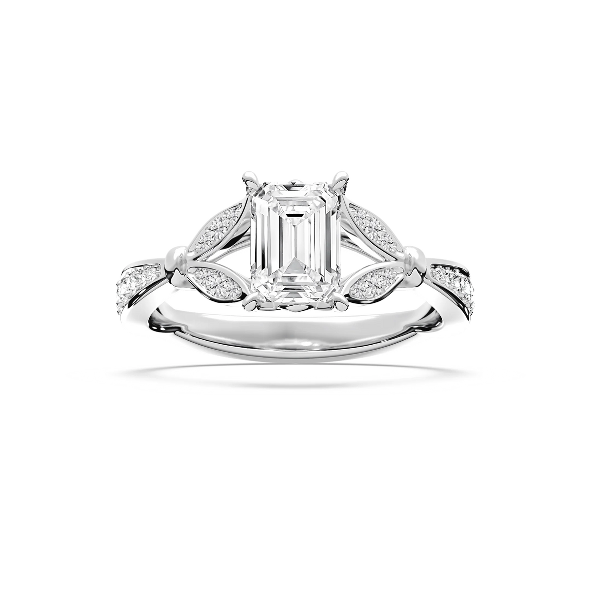 Nadine 1 ⅔ ctw Emerald LGD Floral Side Stone Engagement Ring - 14K White Gold / F-VS2
