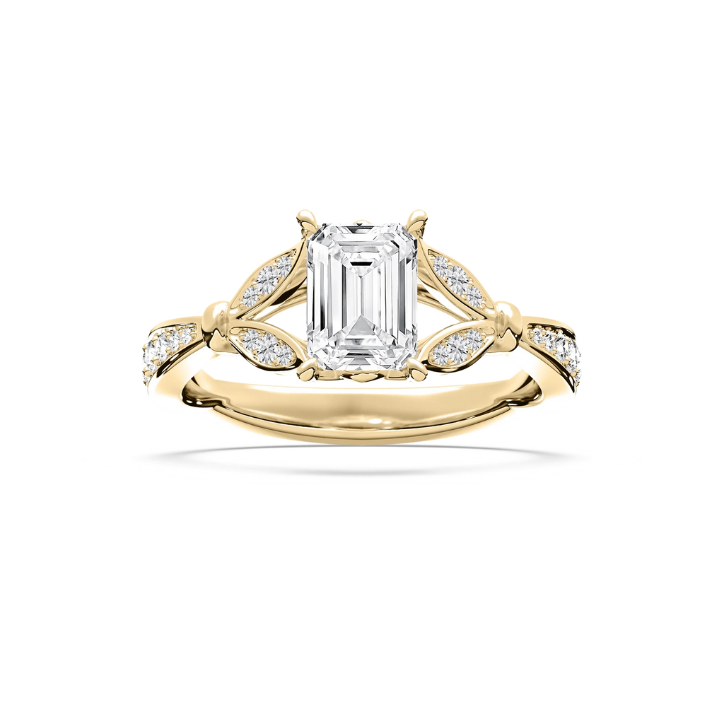 Nadine 1 ⅔ ctw Emerald LGD Floral Side Stone Engagement Ring - 18K Yellow Gold / F-VS2