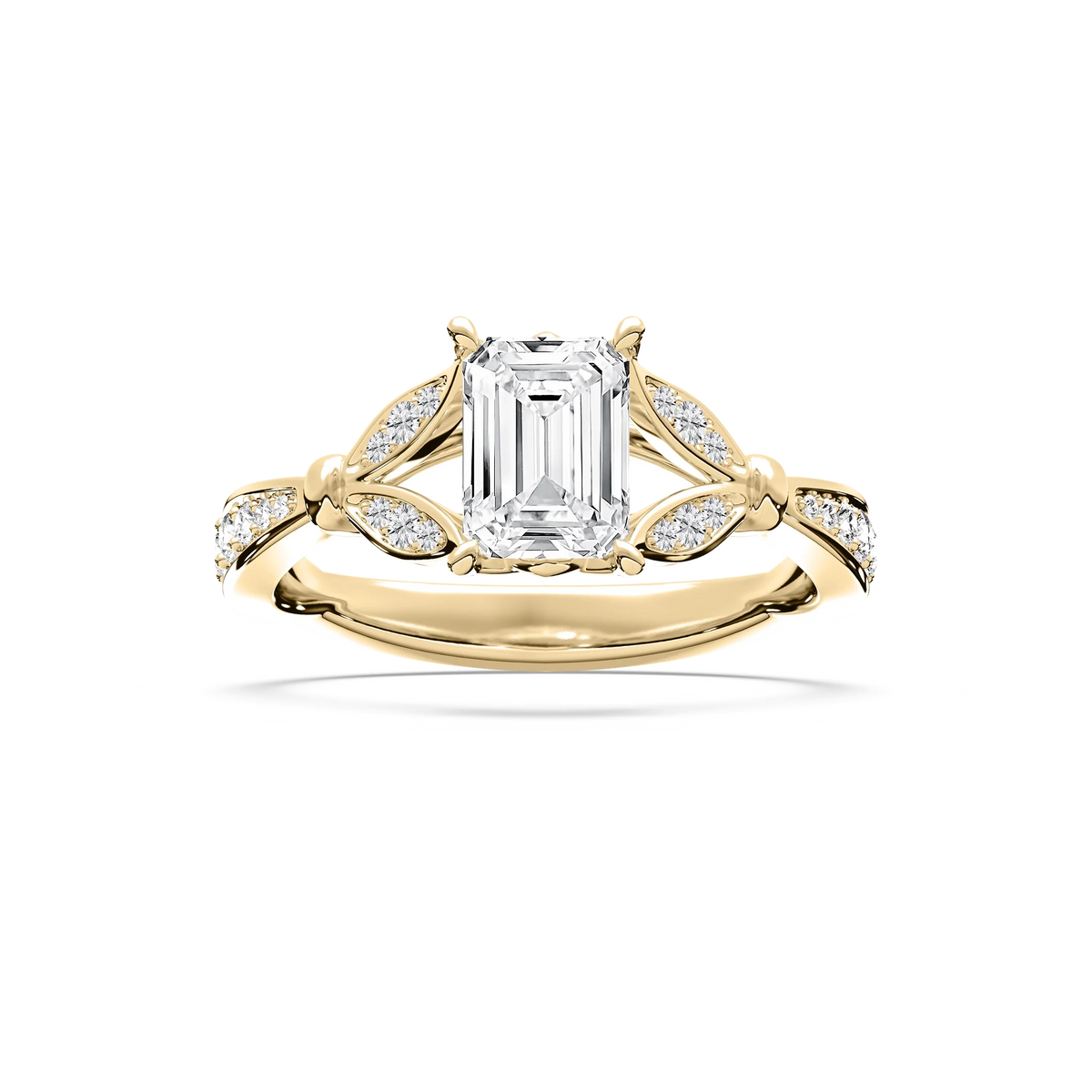 Nadine 1 ⅔ ctw Emerald LGD Floral Side Stone Engagement Ring - 18K Yellow Gold / F-VS2