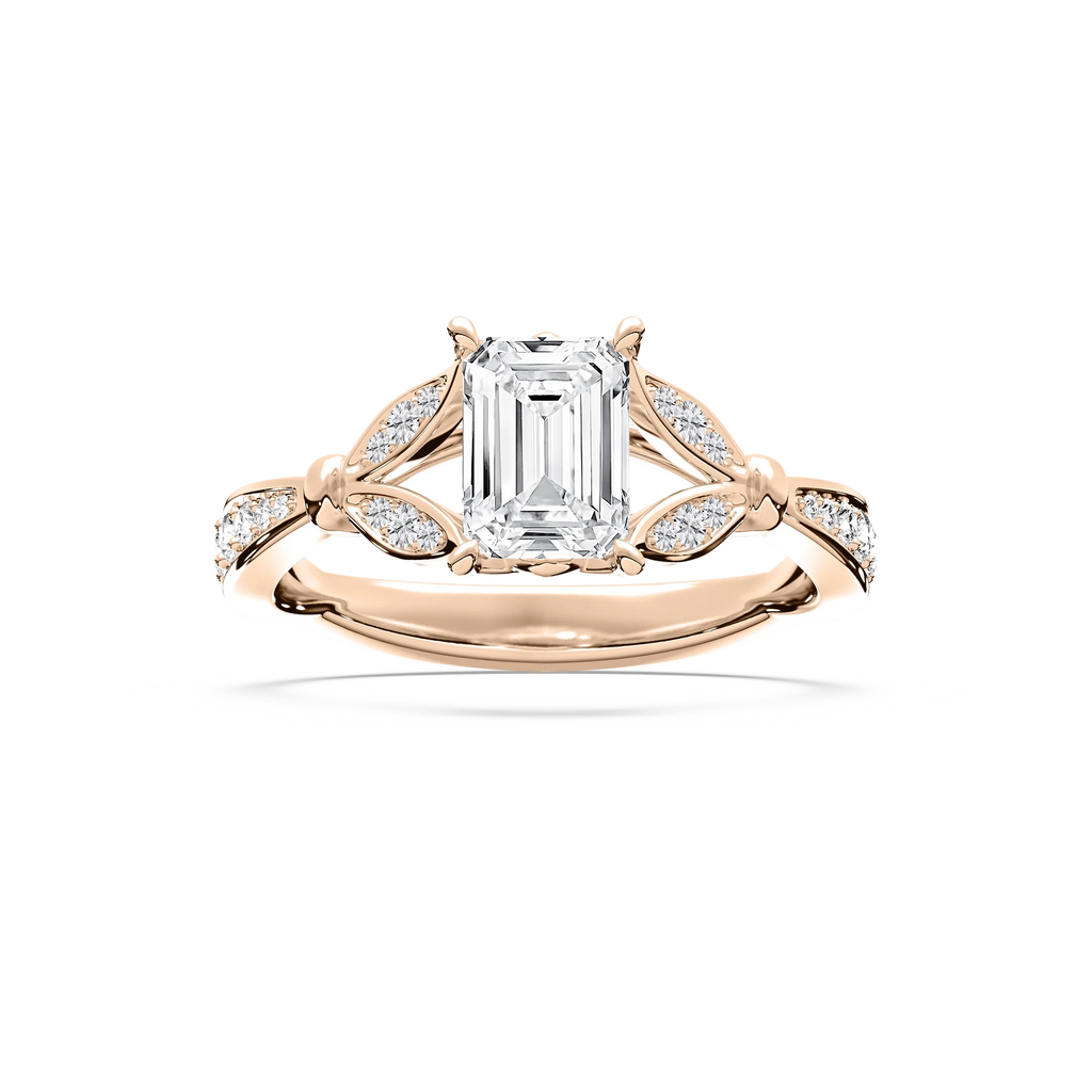 Nadine 1 ⅔ ctw Emerald LGD Floral Side Stone Engagement Ring - 18K Rose Gold / F-VS2