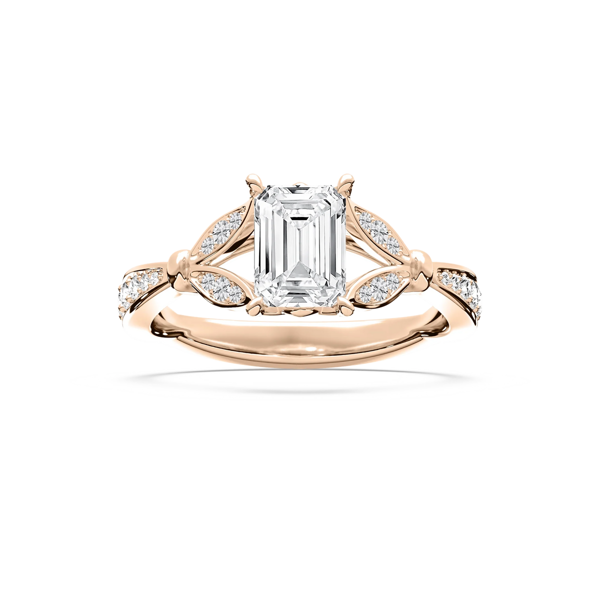 Nadine 1 ⅔ ctw Emerald LGD Floral Side Stone Engagement Ring - 18K Rose Gold / F-VS2