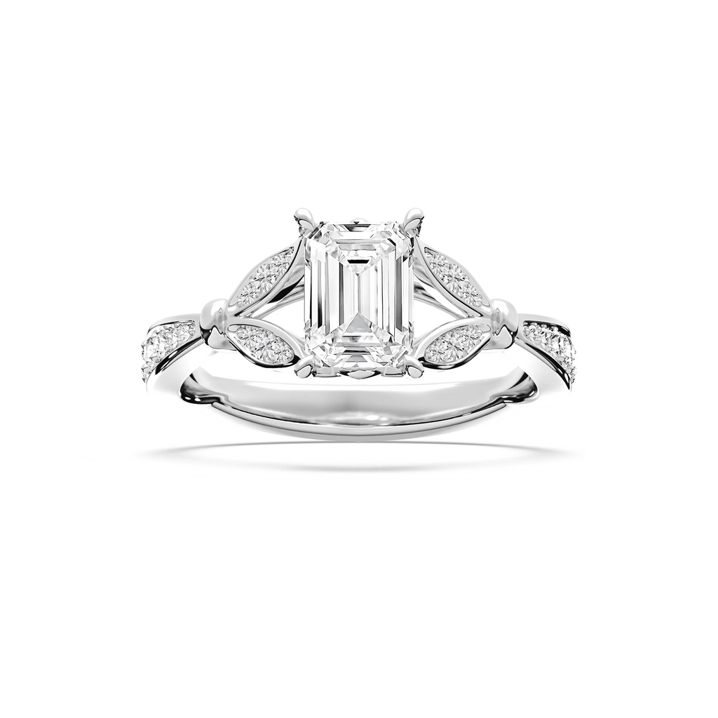 Nadine 1 ⅔ ctw Emerald LGD Floral Side Stone Engagement Ring - 14K White Gold / E-VS1