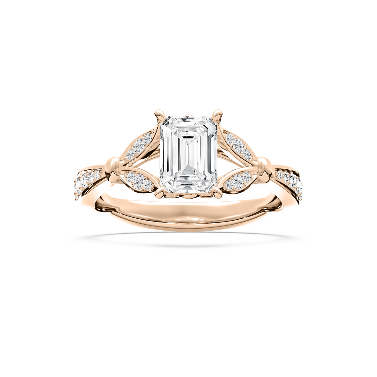 Nadine 1 ⅔ ctw Emerald LGD Floral Side Stone Engagement Ring - 14K Rose Gold / E-VS1