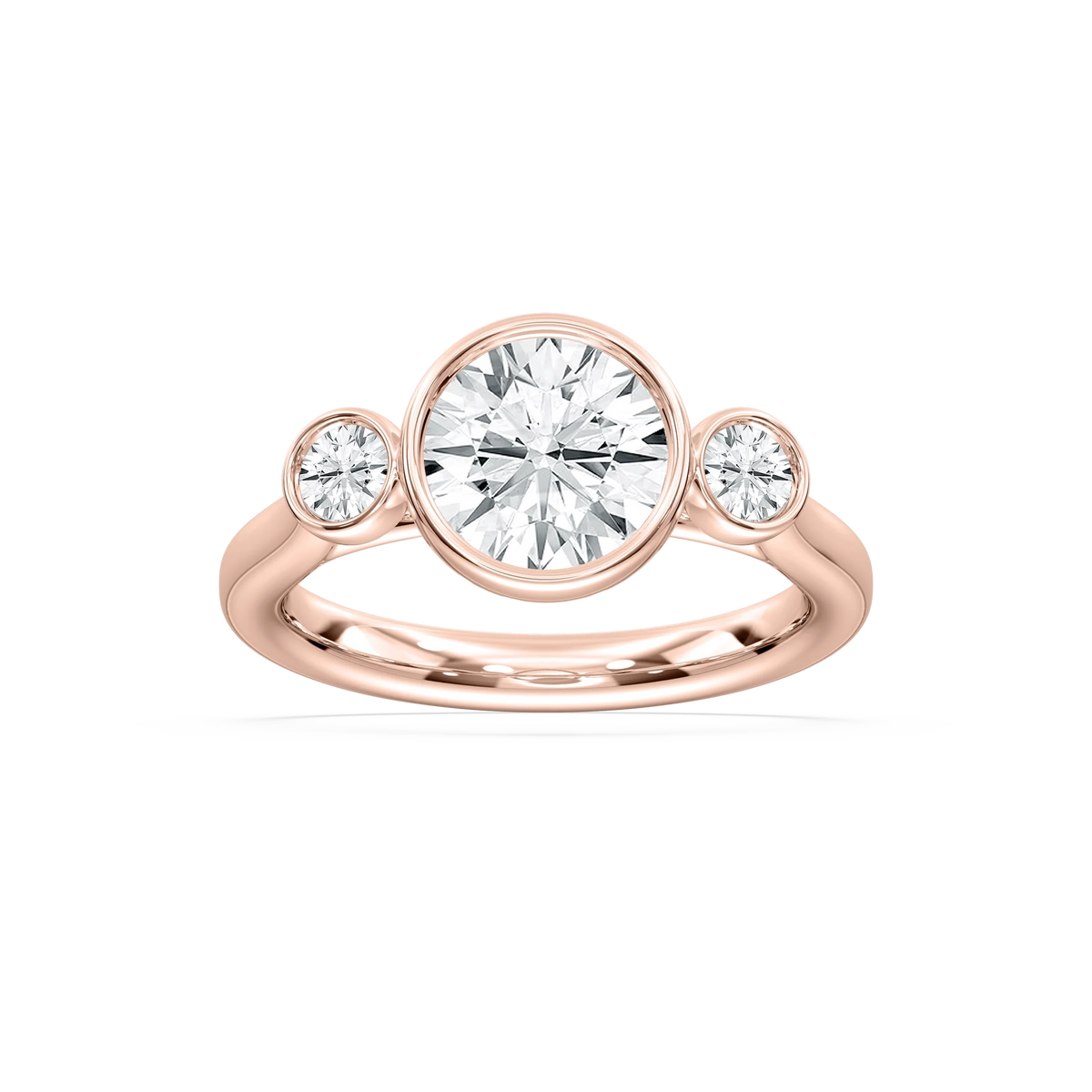 Nina 2 ½ ctw Round LGD Bezel Set Three Stone Engagement Ring - 18K Rose Gold