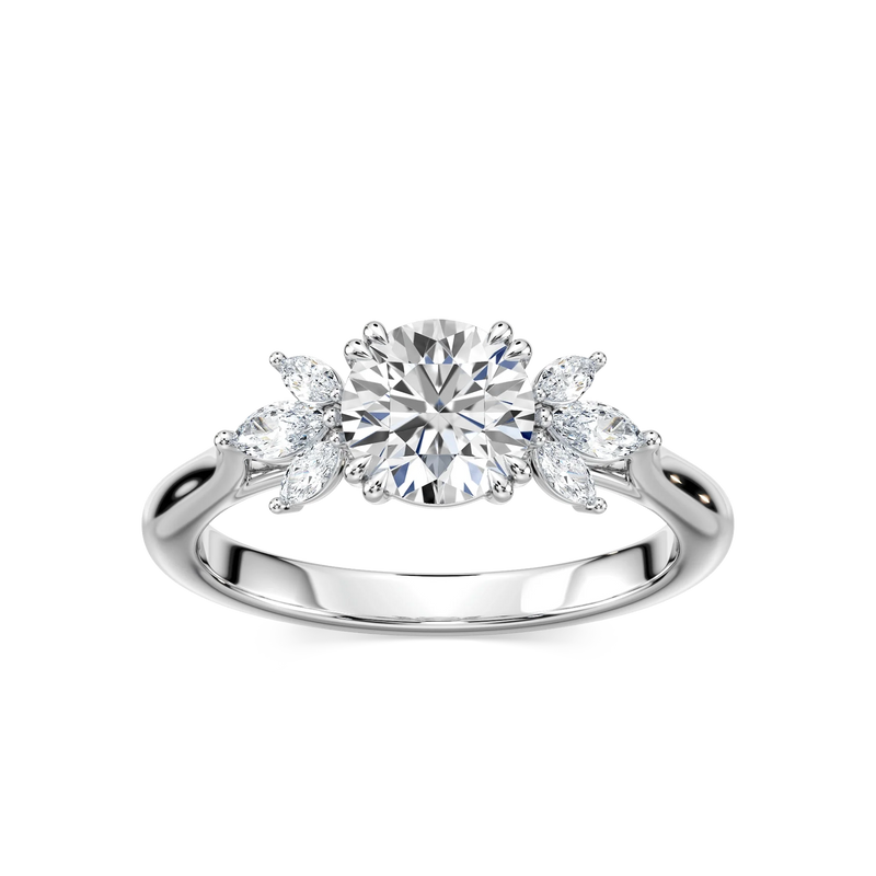 Saffron LGD Flower Side Stone Engagement Ring - 14K White Gold