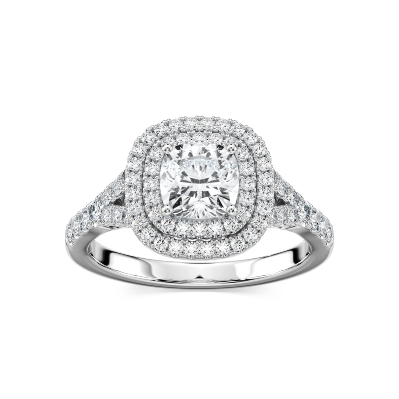 Novia Cushion LGD Split Shank Double Halo Engagement Ring - 14K White Gold