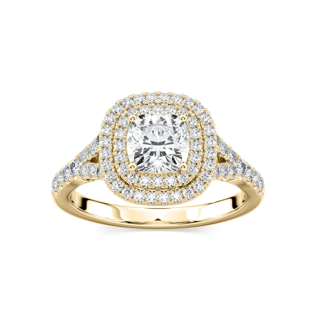 Novia Cushion LGD Split Shank Double Halo Engagement Ring - 14K Yellow Gold
